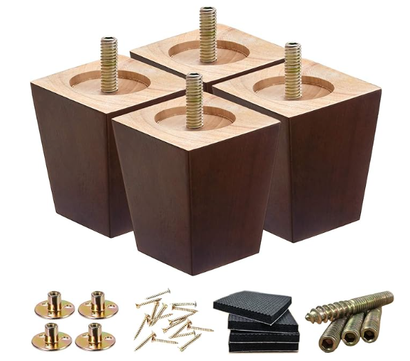 Wood Furniture Legs 3 inch Sofa Legs Set of 4 Square Brown Couch Legs,Mid Century Replacement Chair feet, for Dresser, Sideboard, Recliner, Coffee Table