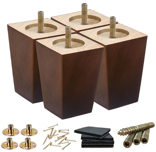 Wood Furniture Legs 3 inch Sofa Legs Set of 4 Square Brown Couch Legs,Mid Century Replacement Chair feet, for Dresser, Sideboard, Recliner, Coffee Table